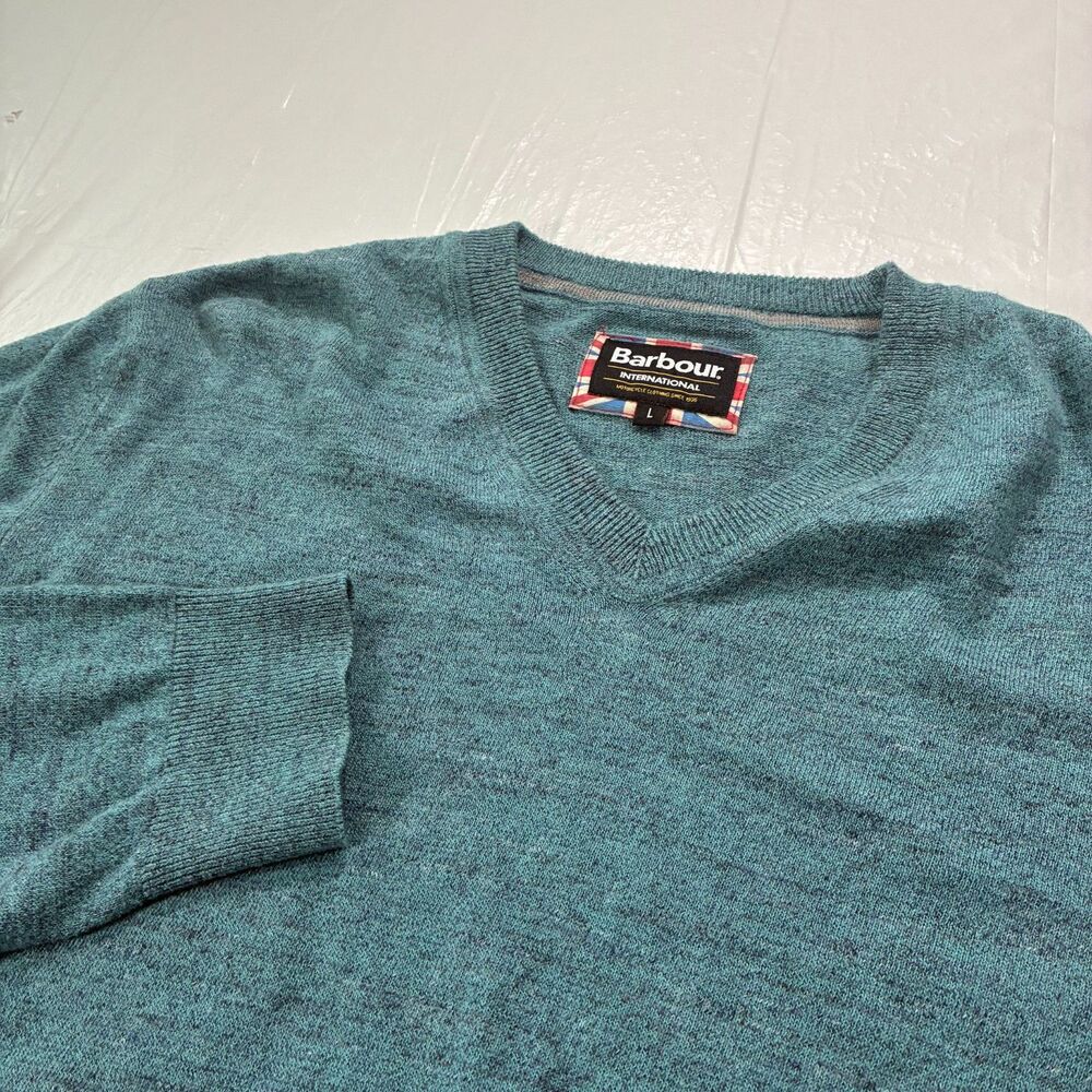 Barbour International Cotton V-Neck Pullover Sweater Men's L Blue Green